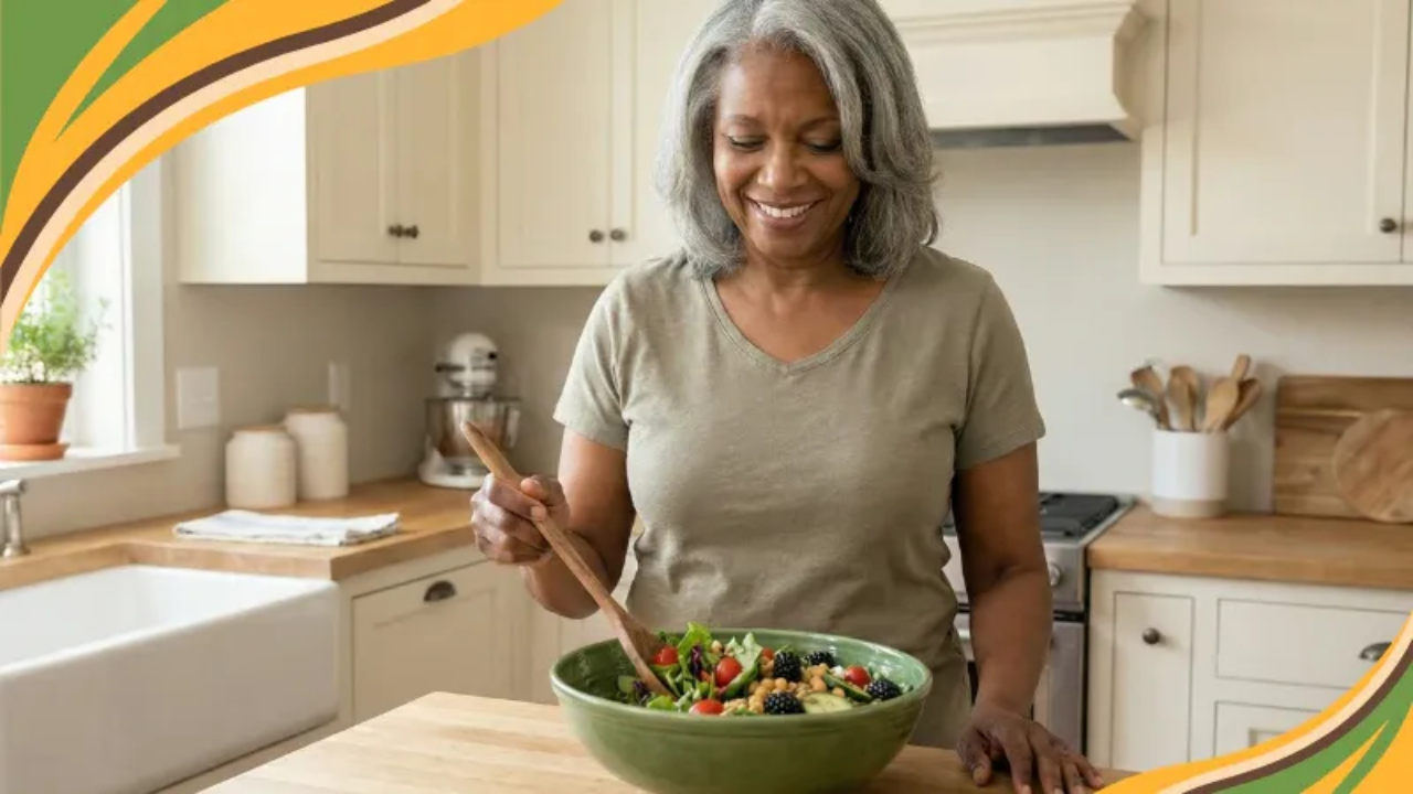 A woman over 50 smiles while tossing a fresh salad filled with vegetables, beans, and berries in her sunlit kitchen, showing everyday fiber-rich eating.