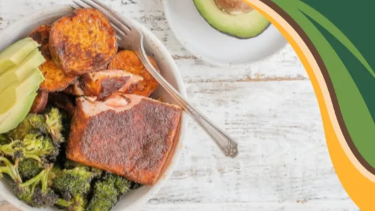 A nourishing bowl featuring BBQ-spiced salmon, roasted sweet potatoes, and broccoli, topped with fresh avocado slices. The image highlights a wholesome, balanced meal that supports healthy weight loss through real, satisfying food. GRWL brand colors curve along the side, symbolizing warmth, energy, and sustainable nourishment.