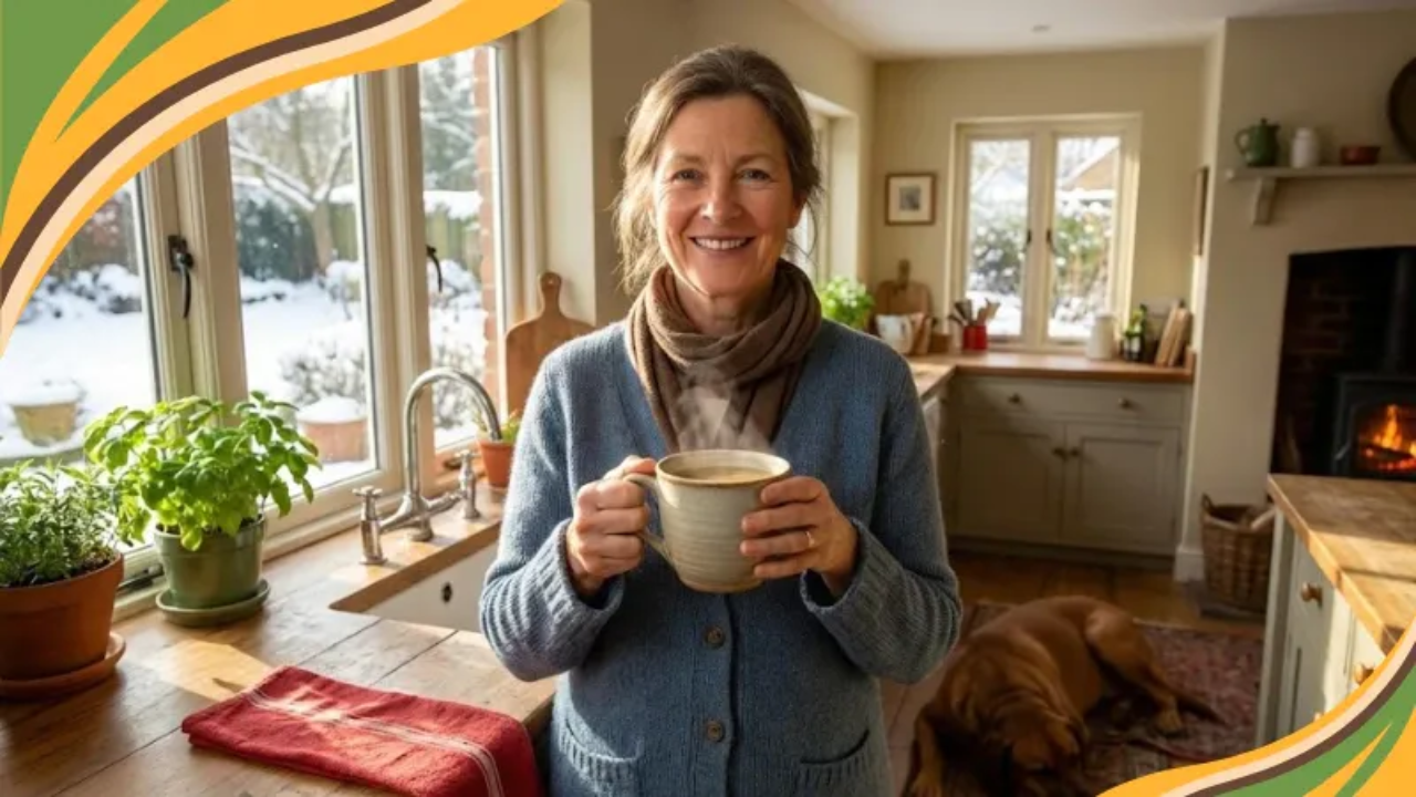 A woman over 50 sips golden bone broth at her kitchen table, enjoying its warmth and nourishment for joint health and digestion.