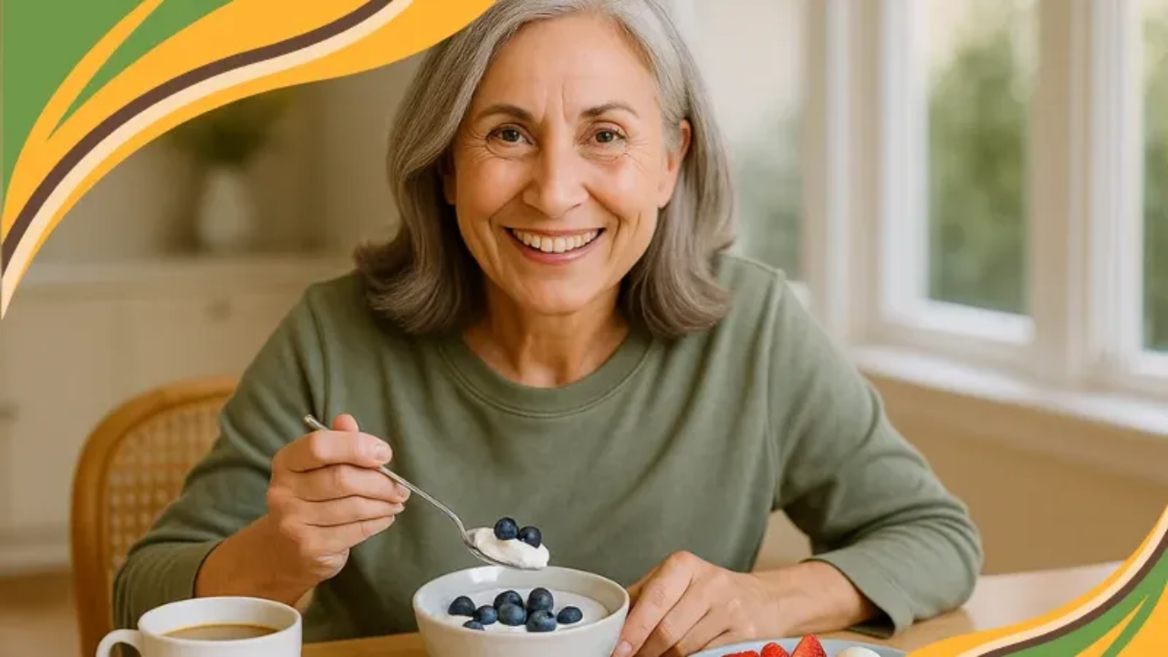 A smiling middle-aged woman with silver-gray hair sits at a breakfast table in soft natural light. In front of her is a colorful meal with Greek yogurt, blueberries, hard-boiled eggs, and fresh fruit, creating a warm, inviting scene that reflects healthy eating after 50.