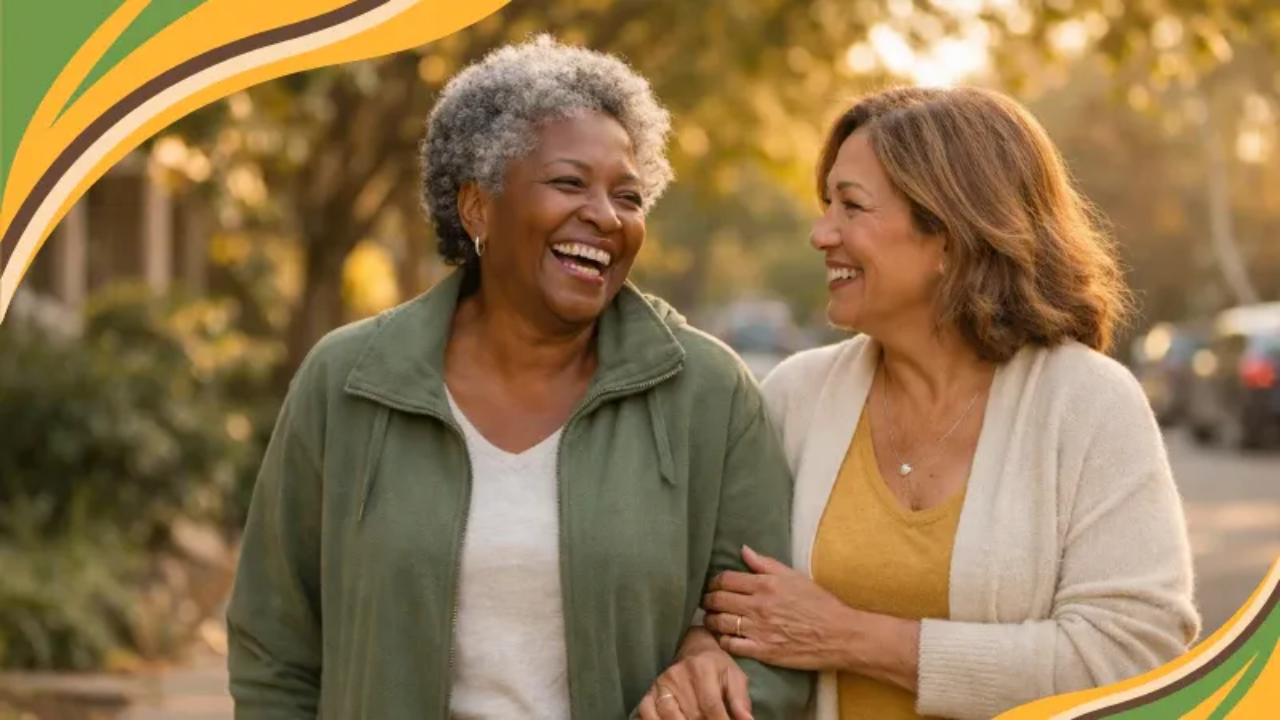 Two women in their 60s walk arm in arm down a tree-lined neighborhood street at golden hour, laughing together in warm sunlight with soft green and gold tones.