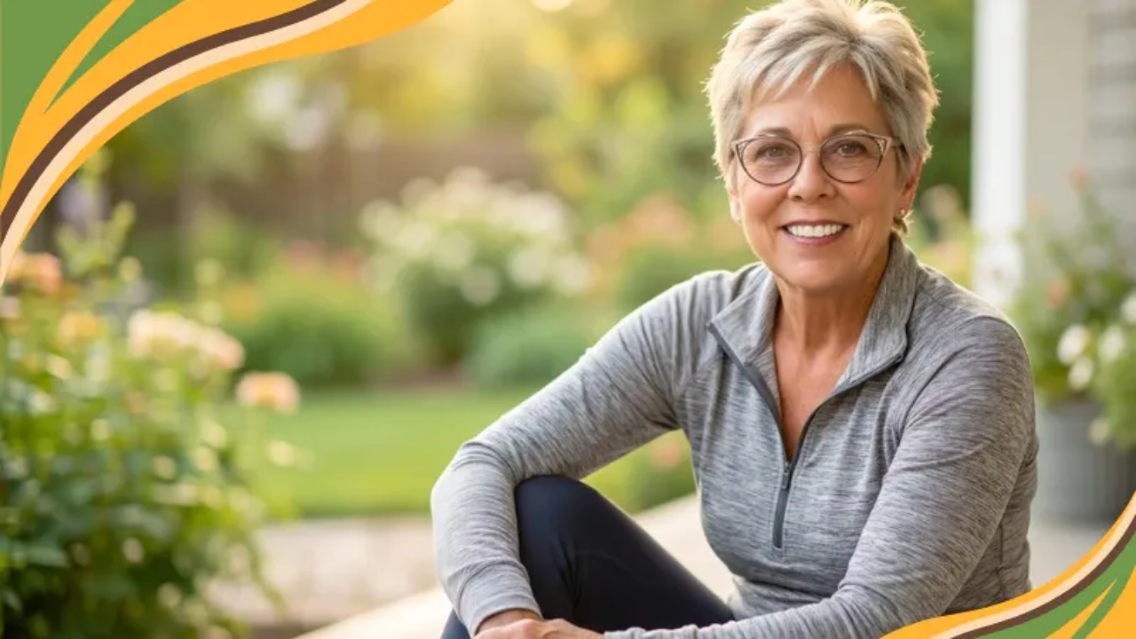 Coach Deb Hoelscher of Get Real Weight Loss, a vibrant woman in her 50s with blonde hair and a warm smile, sitting on a sun-drenched porch. She is wearing comfortable grey activewear, representing a shame-free and authentic approach to fitness and aging well for women over 50.