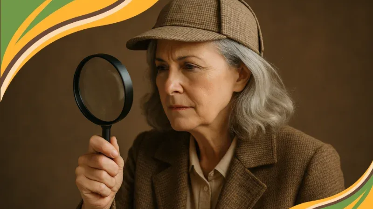 A 60 year old woman wearing a Sherlock Holmes style hat holding a magnifying glass, looking closely with a focused expression.