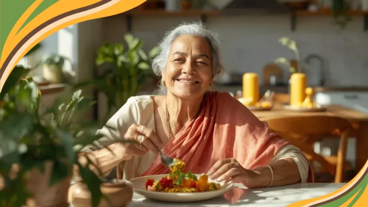 Smiling older woman with silver hair sits at a kitchen table in warm sunlight, holding a fork over a plate of colorful food, with houseplants and a cozy kitchen in the background.