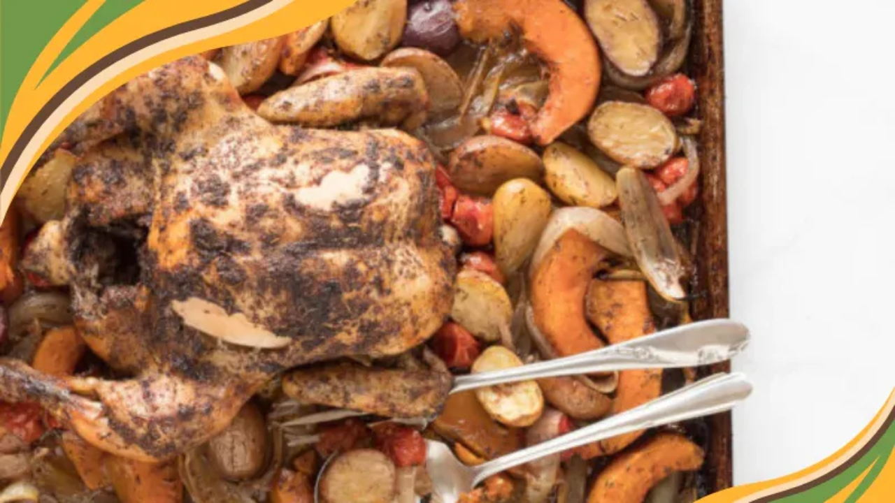 Sumac roasted chicken. on a plate of vegetables