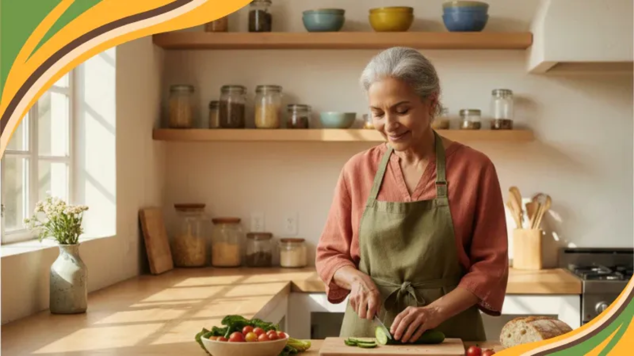 A 65-year-old woman with a calm expression, standing in a sunlit, modern kitchen. She is wearing an olive green apron over an earthy-toned blouse and is preparing a healthy meal with fresh vegetables and artisan bread on a wooden countertop.