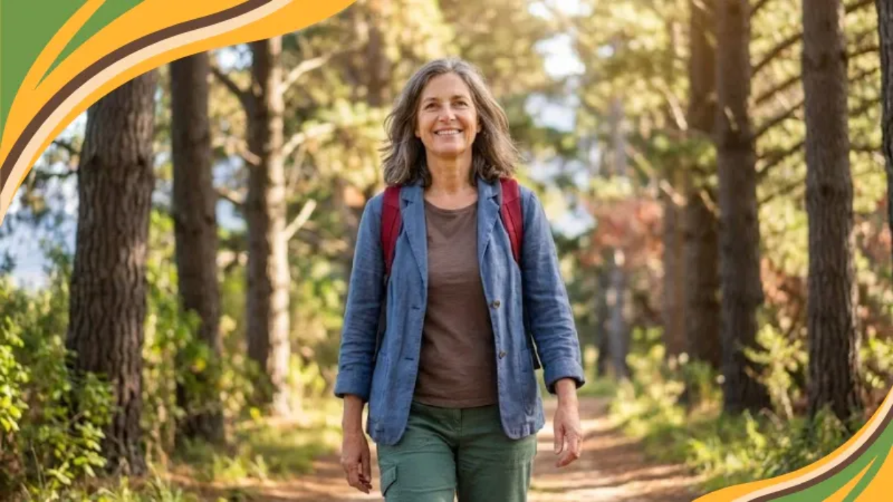 A smiling woman in her late 50s walks along a tree-lined path on a sunny day, embodying the health benefits of 7,000 steps a day.