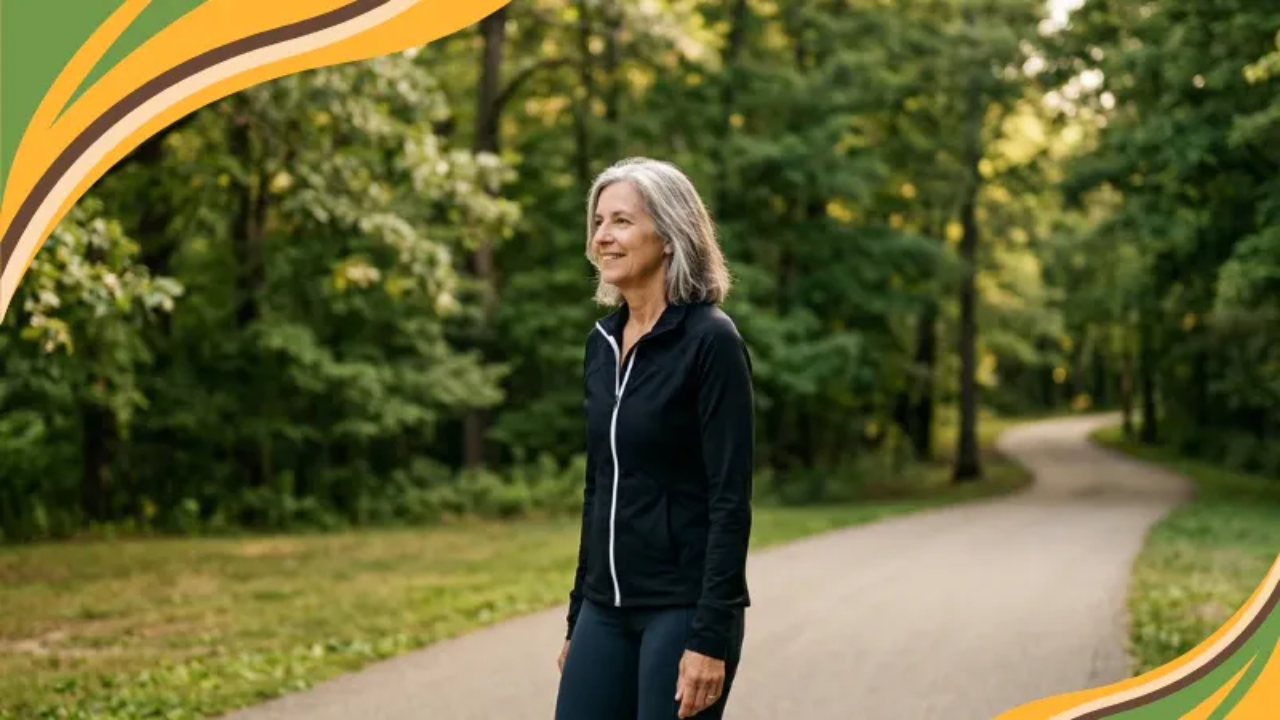  A woman in her early 60s of walks along a   sunlit outdoor path, relaxed and natural, wearing casual   warm-toned clothing. Soft golden light filters through trees in   the background. She is not posed, just moving with ease. This   image supports the theme of protein for women over 50 and building    strength through real food and everyday habits.