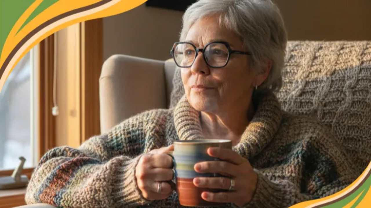 A wide lifestyle photograph of a woman looking thoughtfully out a window on a bright winter morning. She is wrapped in a thick, textured knit sweater in warm neutral tones. Golden natural light illuminates her face and the steam from the mug she holds. A snowy landscape is visible through the window, and the room is filled with cozy, earthy colors and a soft depth of field.