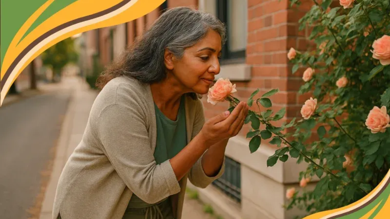 A South Asian woman in her late 50s pauses on a quiet city sidewalk to smell a peach rose growing beside a brick building, showing a calm moment of steady, real-life self care.