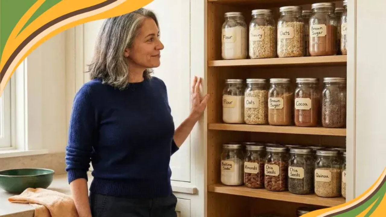  A middle-aged woman with graying hair stands in her bright, organized kitchen, looking thoughtfully into her well-stocked pantry. This image sets a calm, proactive tone for a post about a pantry cleanout, emphasizing that taking control of your kitchen is an act of self-care.