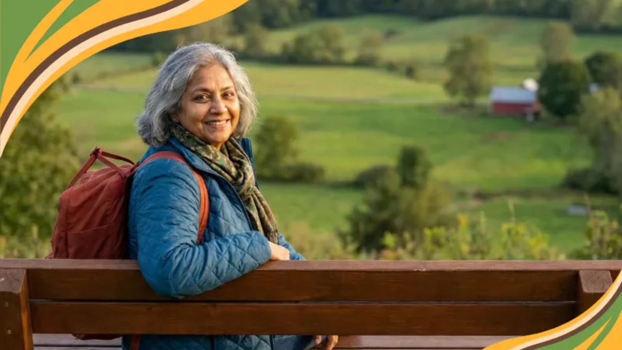 A woman in her 60s sits on a bench overlooking a green valley, smiling warmly with a backpack beside her. The scene reflects the freedom and energy that comes from finding your why after 50.