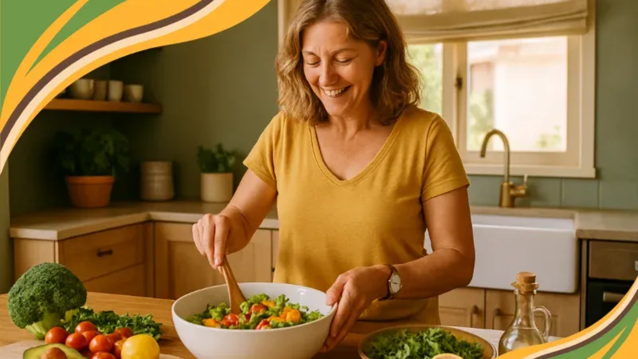 A woman in her 50s smiles while preparing a fresh green salad in her warm, sunlit kitchen. Fresh vegetables like tomatoes, avocado, and broccoli sit on the counter, surrounded by natural wood and green tones that reflect the GRWL brand colors. The scene captures real food, warmth, and balance for compassionate weight loss.