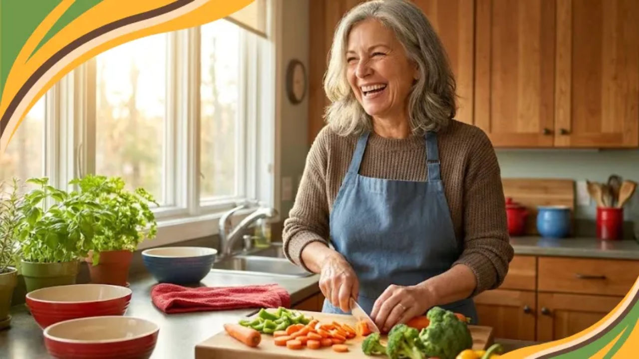 A joyful woman in her 50s laughs while chopping fresh vegetables in a bright, modern kitchen. The scene feels warm and natural, with a swirl of green, gold, and orange accent lines in the corner reflecting GRWL’s uplifting, healthy-living brand style.