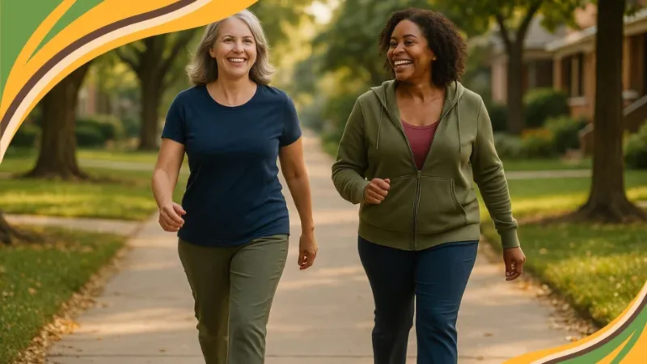 Two women in their 50s walk briskly along a shaded, tree-lined suburban sidewalk in soft morning or afternoon light. Both wear sneakers and casual clothes—one in a navy shirt and olive pants, the other in a green zip hoodie and blue pants. They smile warmly at each other, enjoying conversation and movement outdoors.