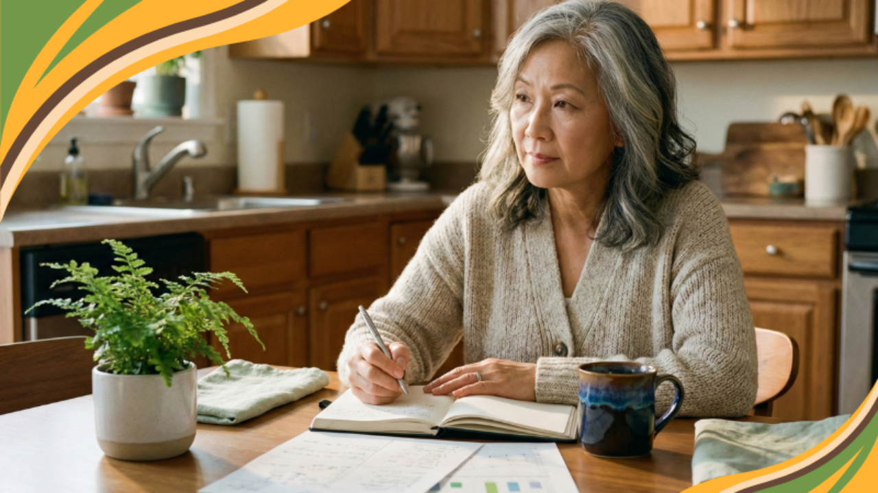 A woman in her 60s sits at a sunlit kitchen table with tea and a journal, reflecting on her health. Warm, natural colors support the topic of Alzheimer’s pathways.