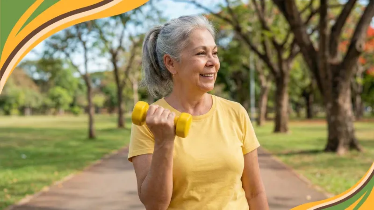A warm, natural photograph of a confident woman in her 50s smiling outdoors after light exercise. She looks energized and vibrant, with subtle muscle tone visible in her arms. She could be holding light dumbbells, stretching in a park, or walking with a friend. The scene feels real-life, approachable, and empowering—not staged or overly fitness-model-like. Use natural lighting, soft brand colors