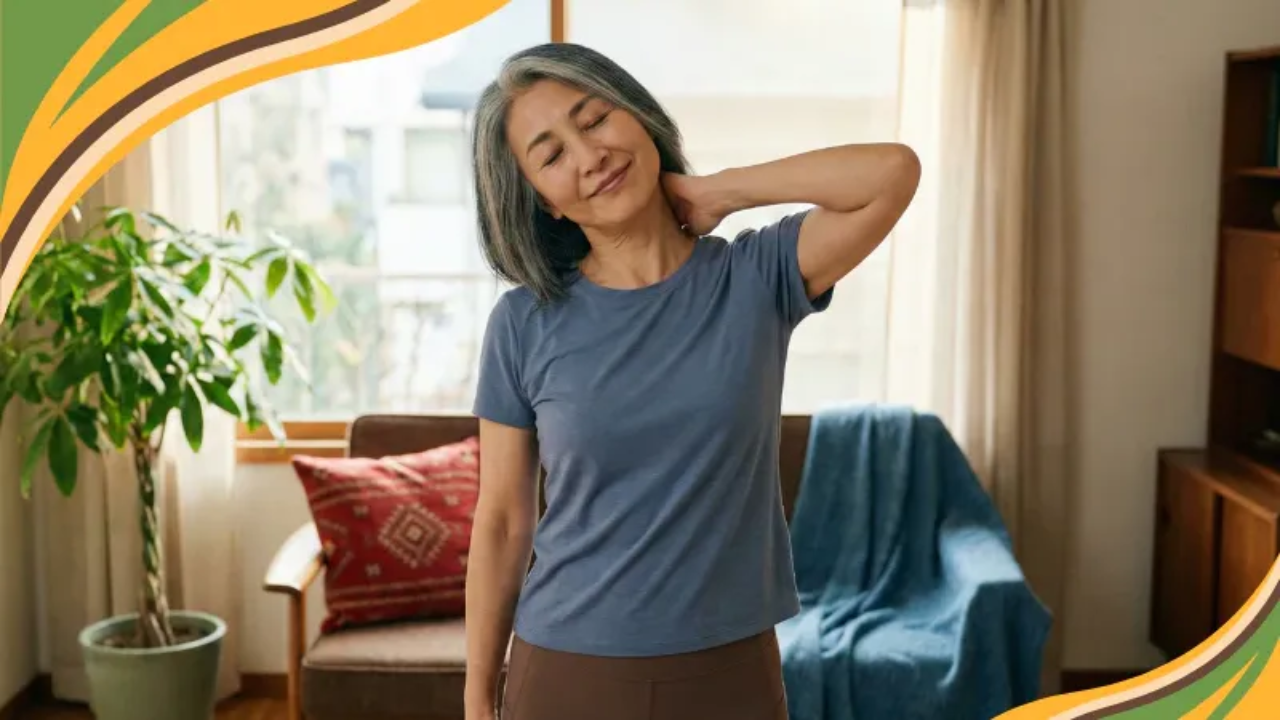 a woman in her 50s with gray hair, gently stretching in her living room. She wears casual activewear, her eyes closed in calm focus, radiating confidence and self-compassion. The warm, natural light and cozy background create a serene atmosphere, representing the theme of compassionate weight loss.