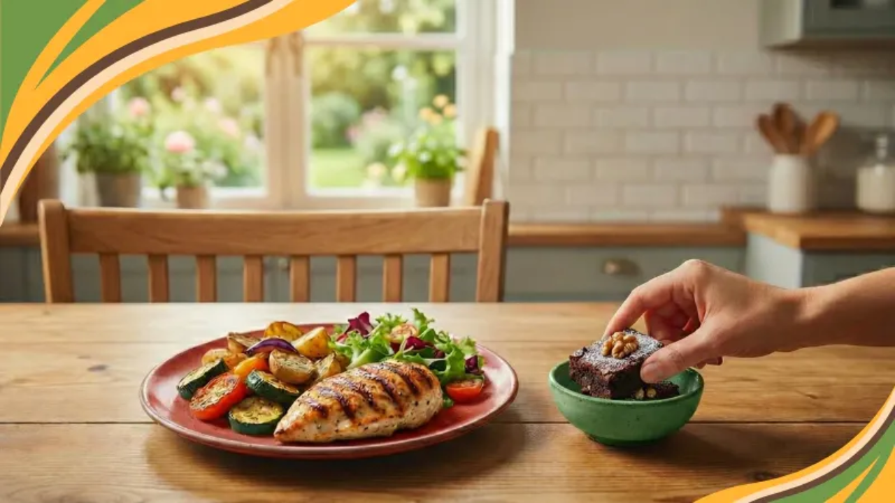 A hand reaches for a small brownie topped with a walnut while a plate of grilled chicken and roasted vegetables sits on a wooden kitchen table. The Get Real Weight Loss blog logo appears centered above the scene, with warm greens, golds, and oranges framing the image.