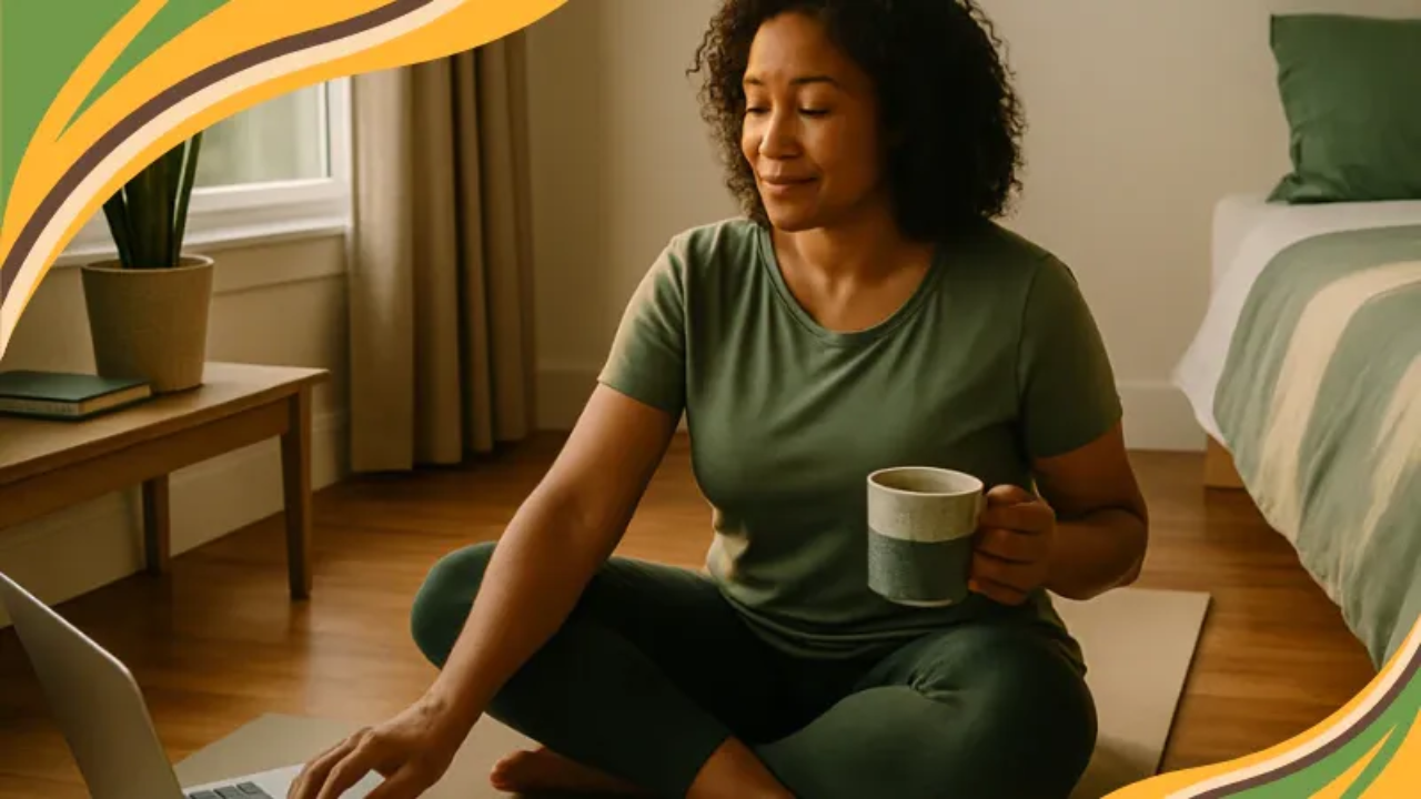 A middle-aged African American woman with curly black hair sits cross-legged on a beige yoga mat in a sunlit bedroom. Wearing a sage green T-shirt and matching leggings, she smiles softly while holding a ceramic mug in one hand and touching a laptop with the other. A potted plant, bedside table, and neatly made bed with green bedding complete the calm, inviting scene.