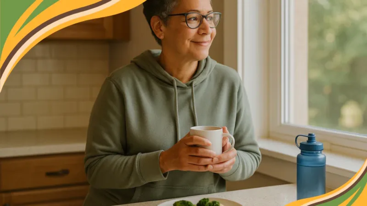 A middle-aged woman with light brown skin and salt-and-pepper curly hair stands in a cozy, sunlit kitchen, holding a white mug with both hands. She looks content as she gazes out the window. On the counter is a simple meal of grilled chicken, broccoli, and brown rice beside a blue water bottle.