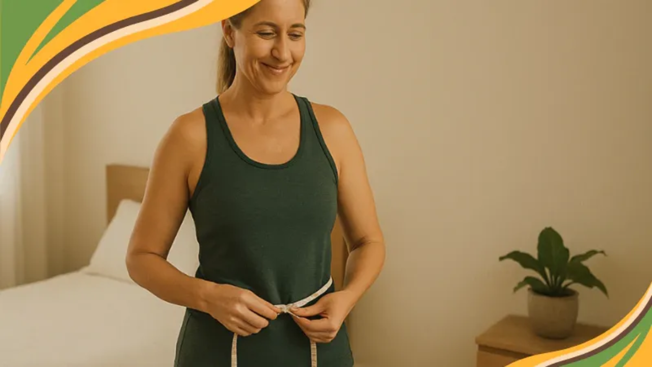 A fit woman in her 50s stands in a cozy, sunlit room, smiling as she measures her waist with a white tape measure. She has light brown hair with gray strands pulled back in a ponytail and wears casual workout clothes. Soft natural light fills the space, highlighting wooden furniture and earthy tones in the background.