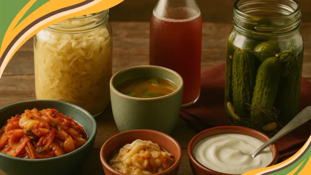 An assortment of fermented foods on a rustic wooden table, including a jar of sauerkraut, a bowl of kimchi, miso soup in a green bowl, a dish of yogurt with a spoon, a jar of pickles, a bottle of kombucha, and a small bowl of fermented vegetables, all arranged in warm lighting with earthy-toned ceramic bowls reflecting GRWL brand colors.