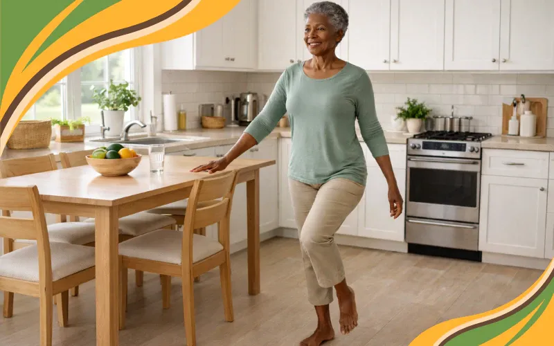 65+ year old woman practicing balance in her kitchen.