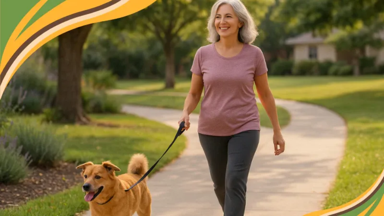 A smiling middle-aged woman with silver hair walks her tan mixed-breed dog on a single black leash along a winding sidewalk in a lush suburban park. She wears a mauve T-shirt, dark gray pants, and gray sneakers, while the morning sunlight filters through green trees, casting soft shadows on the grass and path.