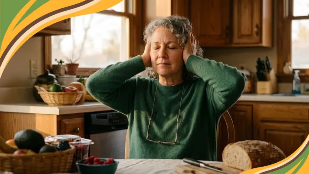 A woman with curly gray hair sits at a kitchen table with her eyes closed and her hands over her ears. Fresh fruit and berries sit on the table beside a loaf of bread on a cutting board, and warm sunlight fills the wood cabinet kitchen behind her.