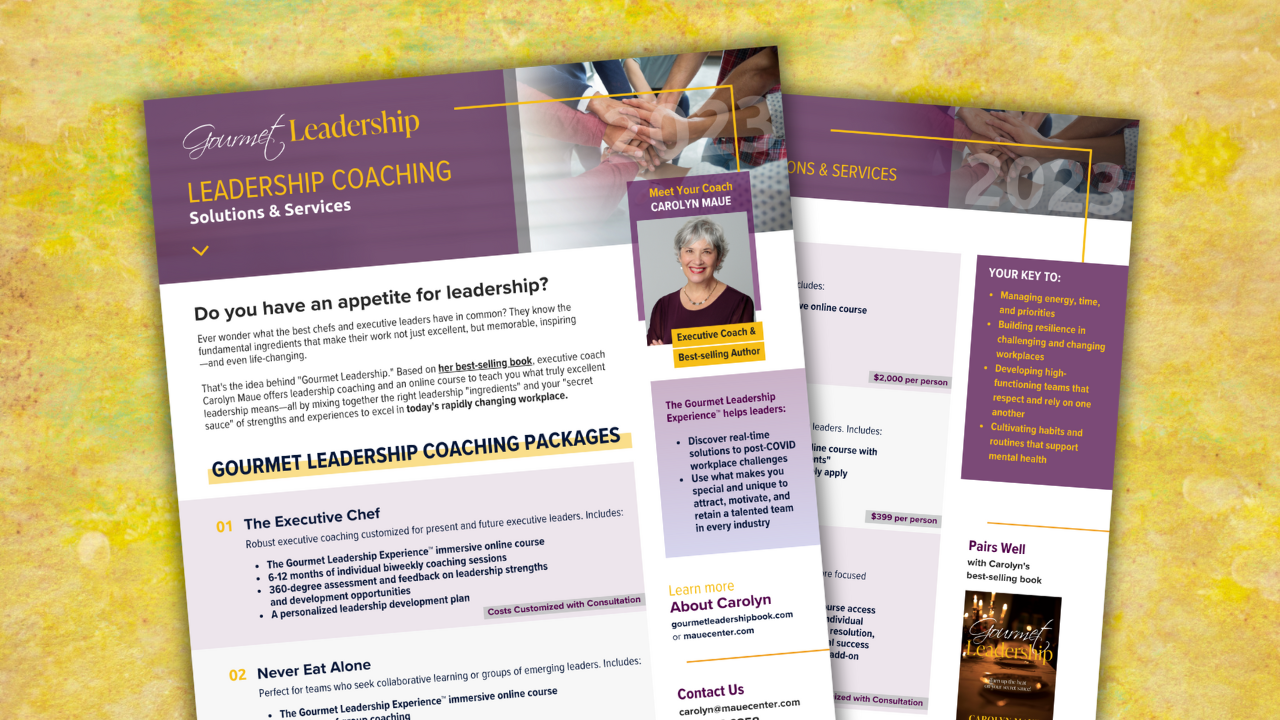 Coaching solutions listed on two pages of paper atop a gold background