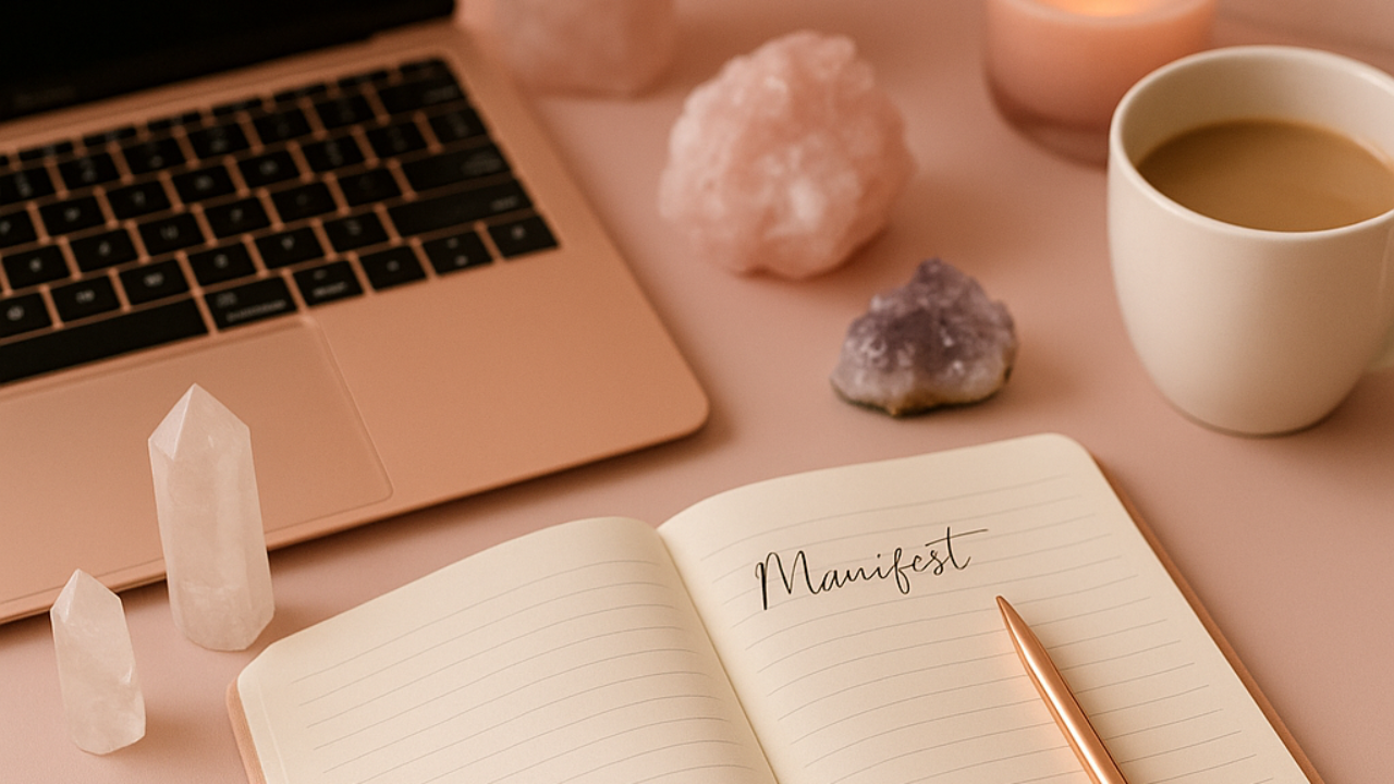 soft feminine entrepreneur journaling her spiritual business mindset in pink aesthetic ligh