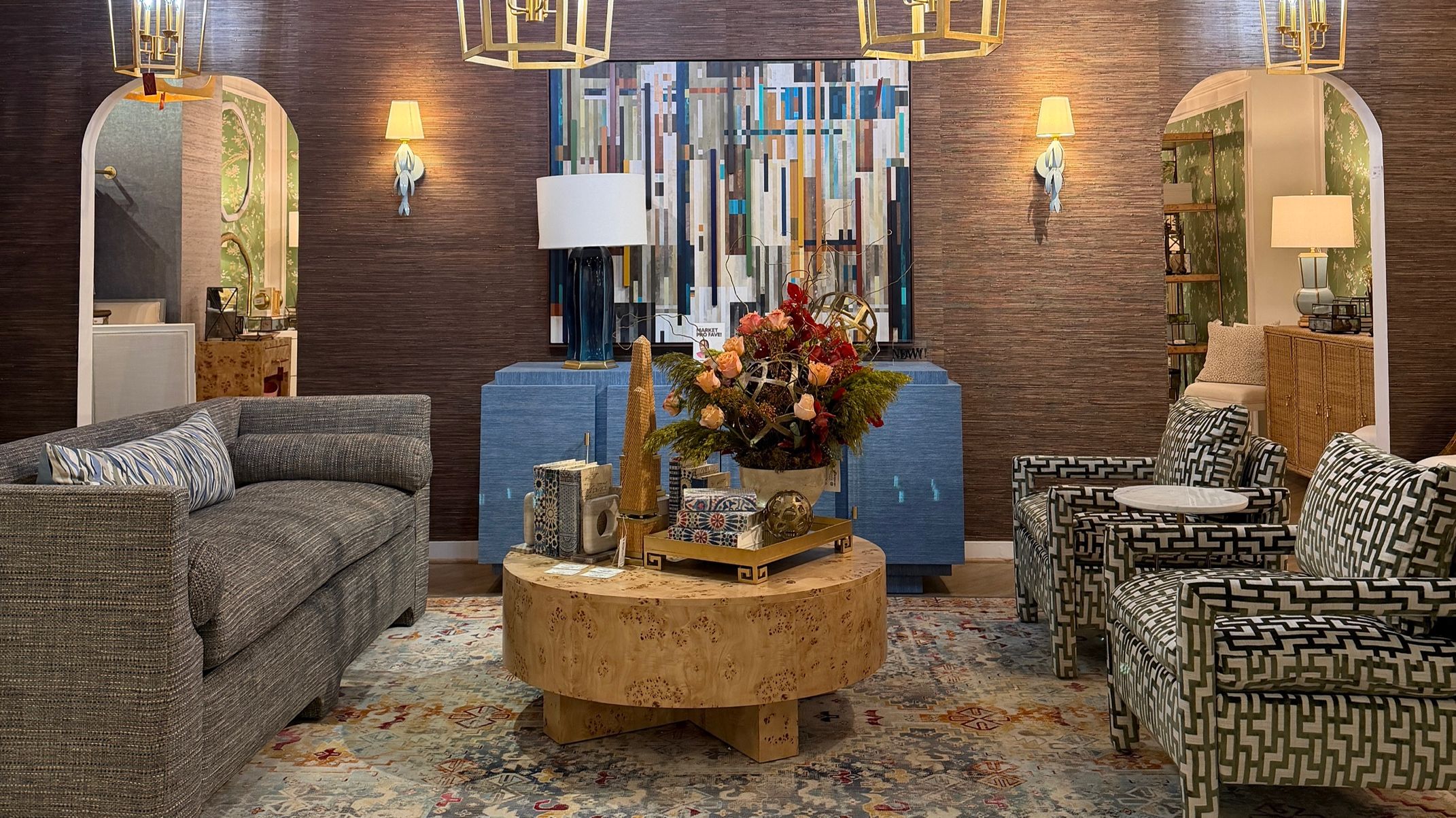 brown wallpaper with blue accent piece. Trends at Market