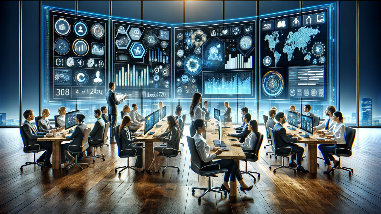 Zukunftsorientiertes Team arbeitet in einer hochmodernen Kommandozentrale mit interaktiven Daten- und Weltkarten-Displays, die die fortschrittlichen Analysen und globalen Geschäftsstrategien von MyBusiness Consult darstellen.
