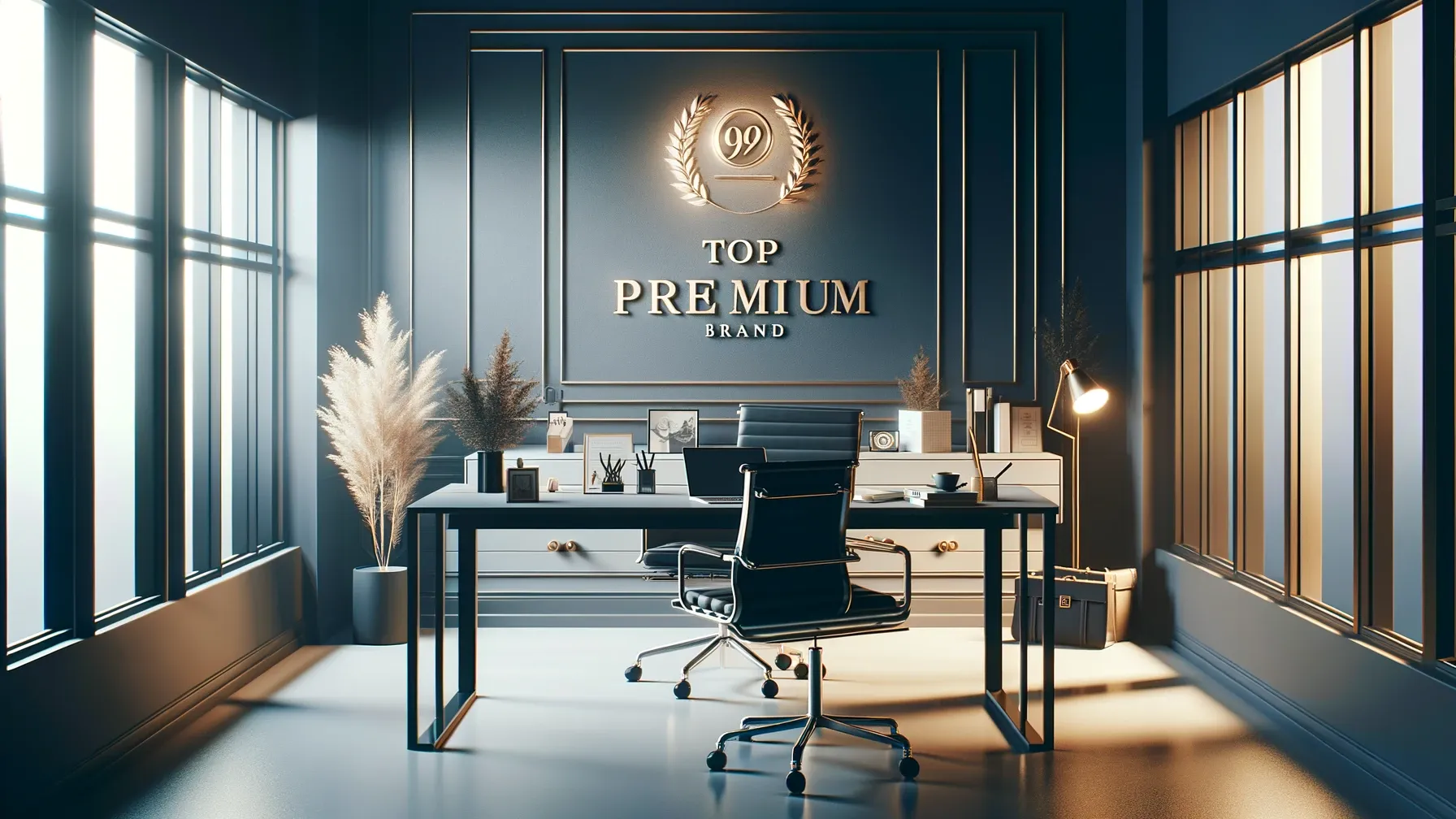 Ein elegantes und modernes Büro eines Solo-Unternehmers, konzentriert auf den Aufbau einer Premium-Marke, ausgestattet mit High-End-Technologie und stilvoller Einrichtung, die Kreativität und strategisches Geschäftswachstum fördert.