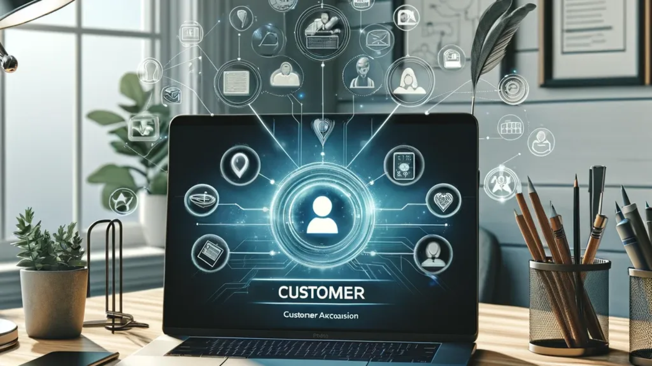 Ein modernes und professionelles Home-Office-Setup für einen Solo-Unternehmer, das auf die Kundenakquise fokussiert ist. Das Büro ist mit einem High-Tech-Laptop, Kundenprofilen und Kommunikationswerkzeugen ausgestattet.