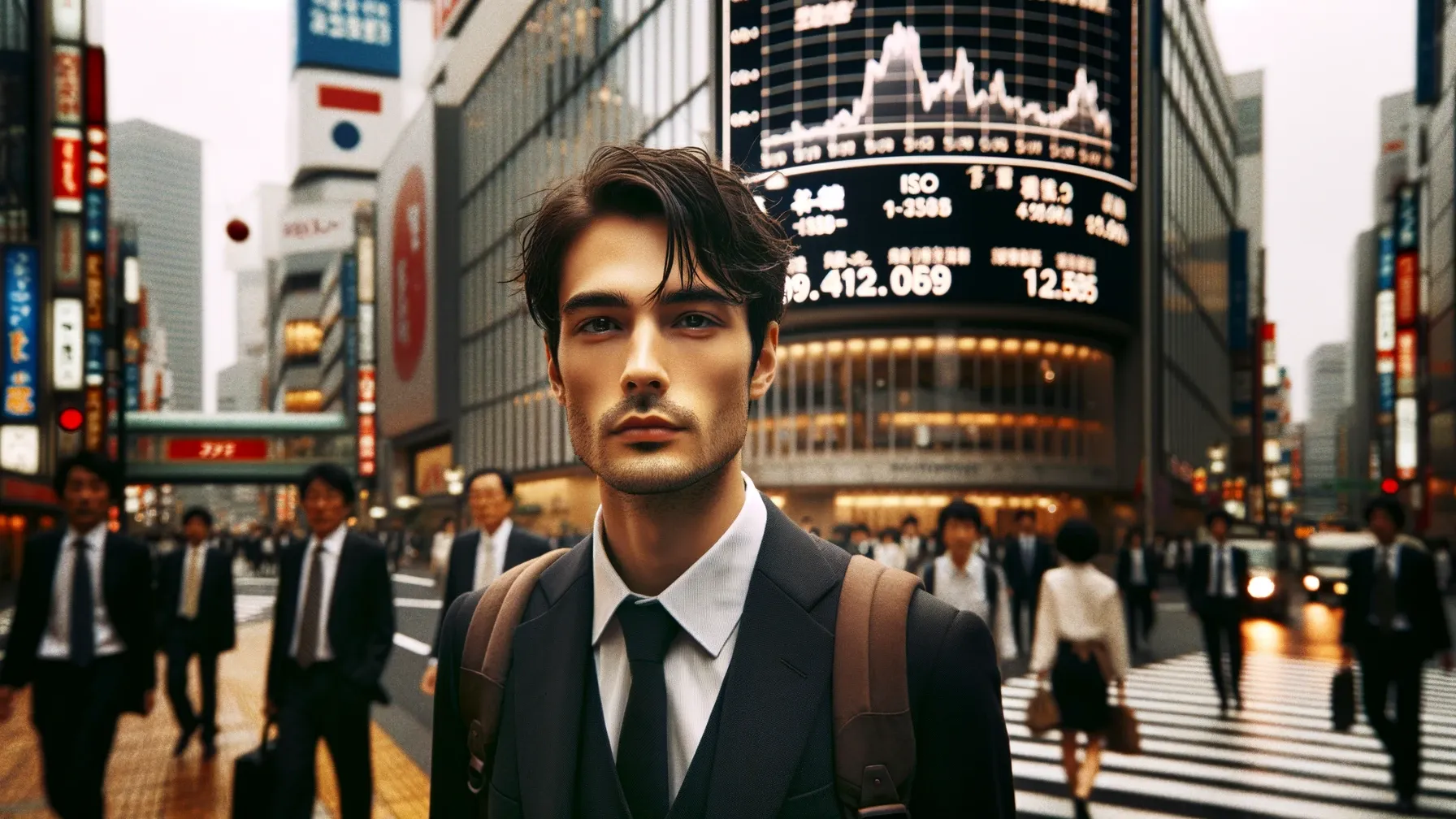 A pedestrian walks past an electronic board showing the closing numbers of the Tokyo Stock Exchange in the mid afternoon. Japan as the worldโs third biggest economy.