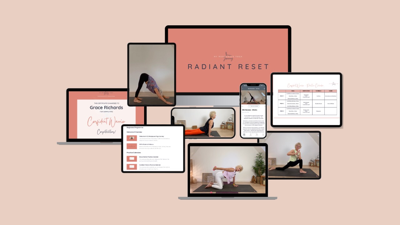 A range of digital devices showing Yourself Yoga's online yoga for menopause membership and Radiant Reset - a guided plan