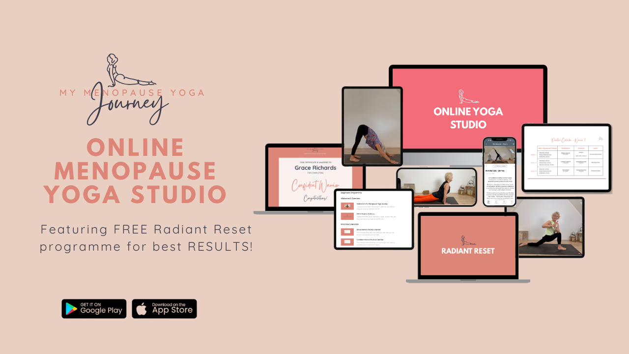 Online studio for menopause yoga showing all features across digital devices available via App, Yourself Yoga for Menopause. 