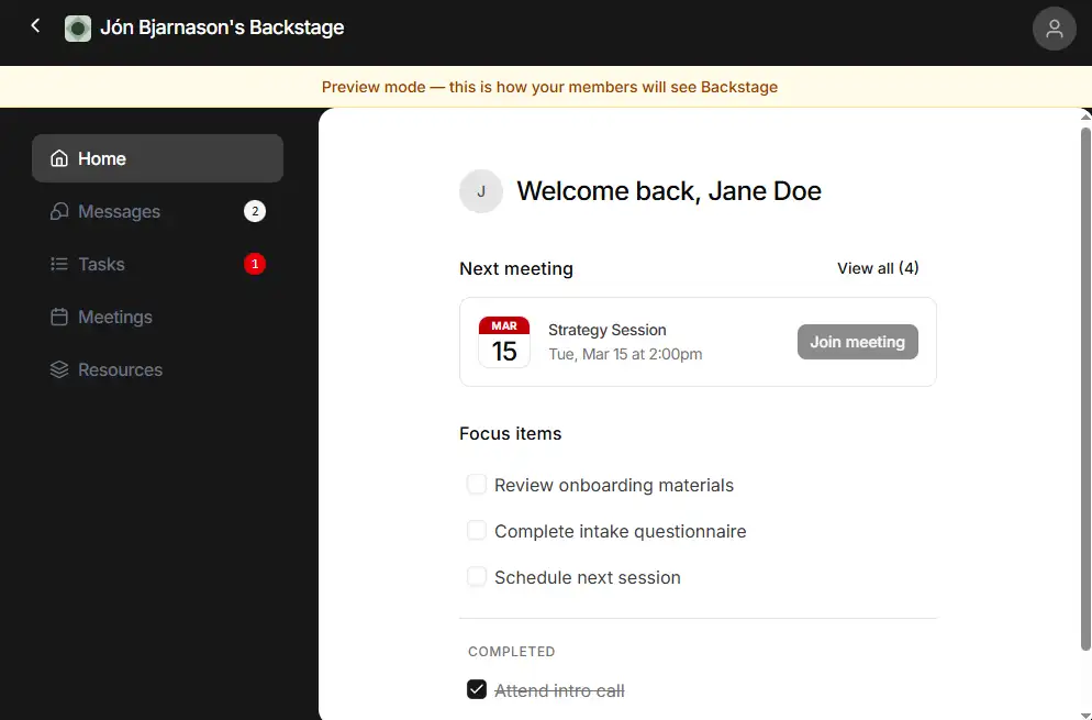 Screenshot of the Kajabi Backstage coaching portal interface showing a unified client workspace