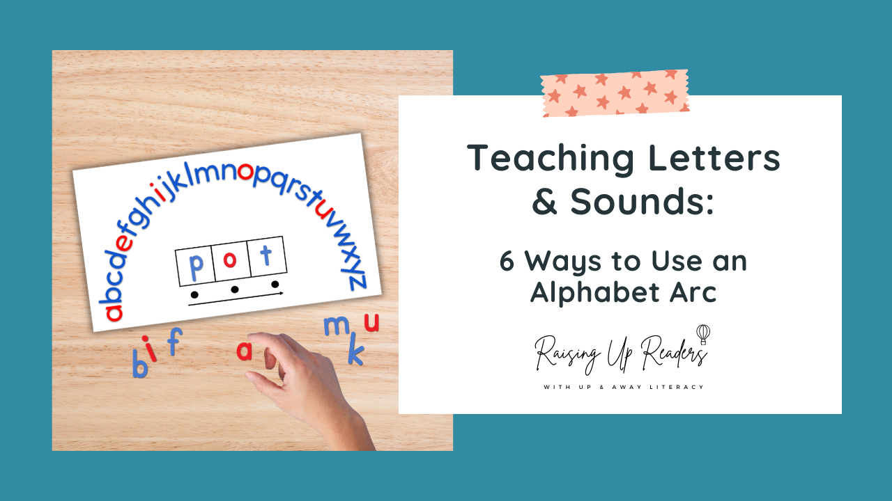 image of rainbow with magnetic letters and the raising up readers logo