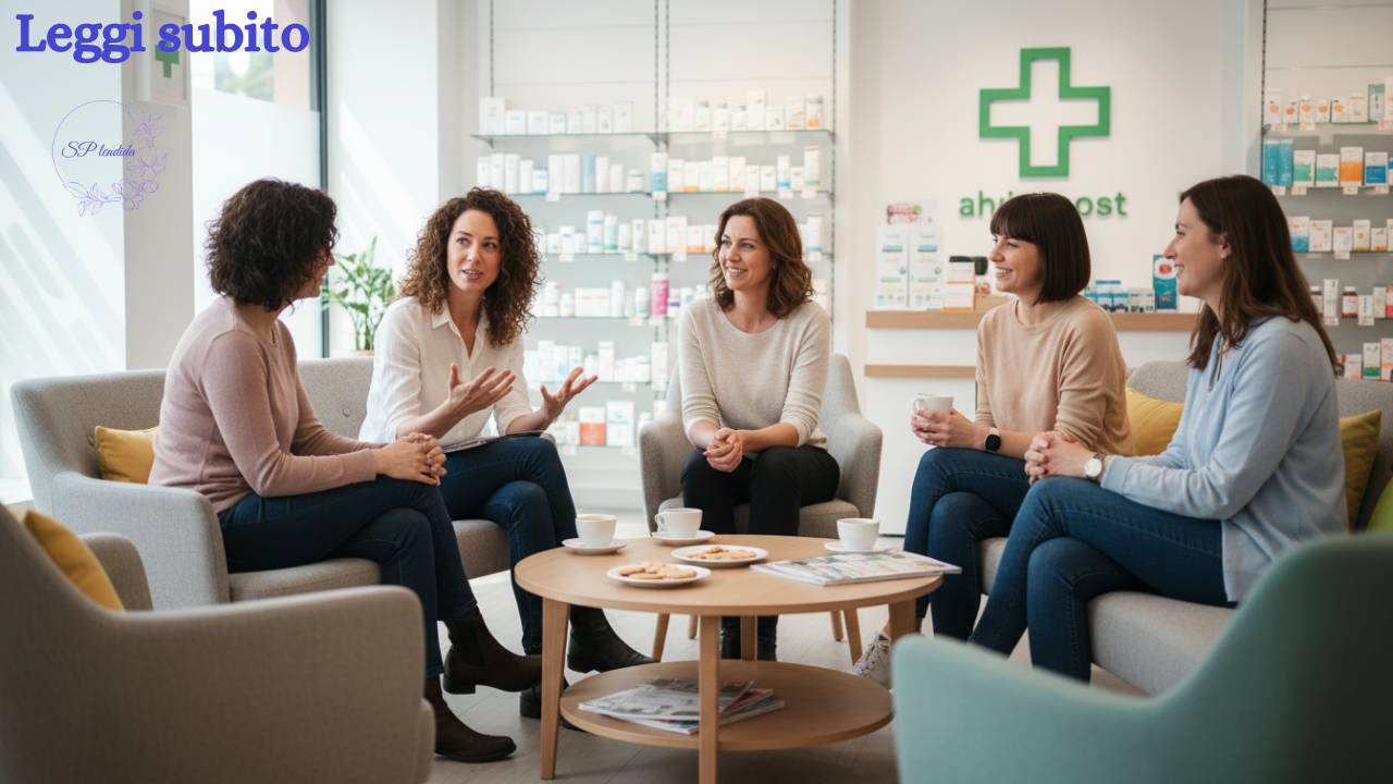 Conversazione sulla menopausa in farmacia con cinque donne 