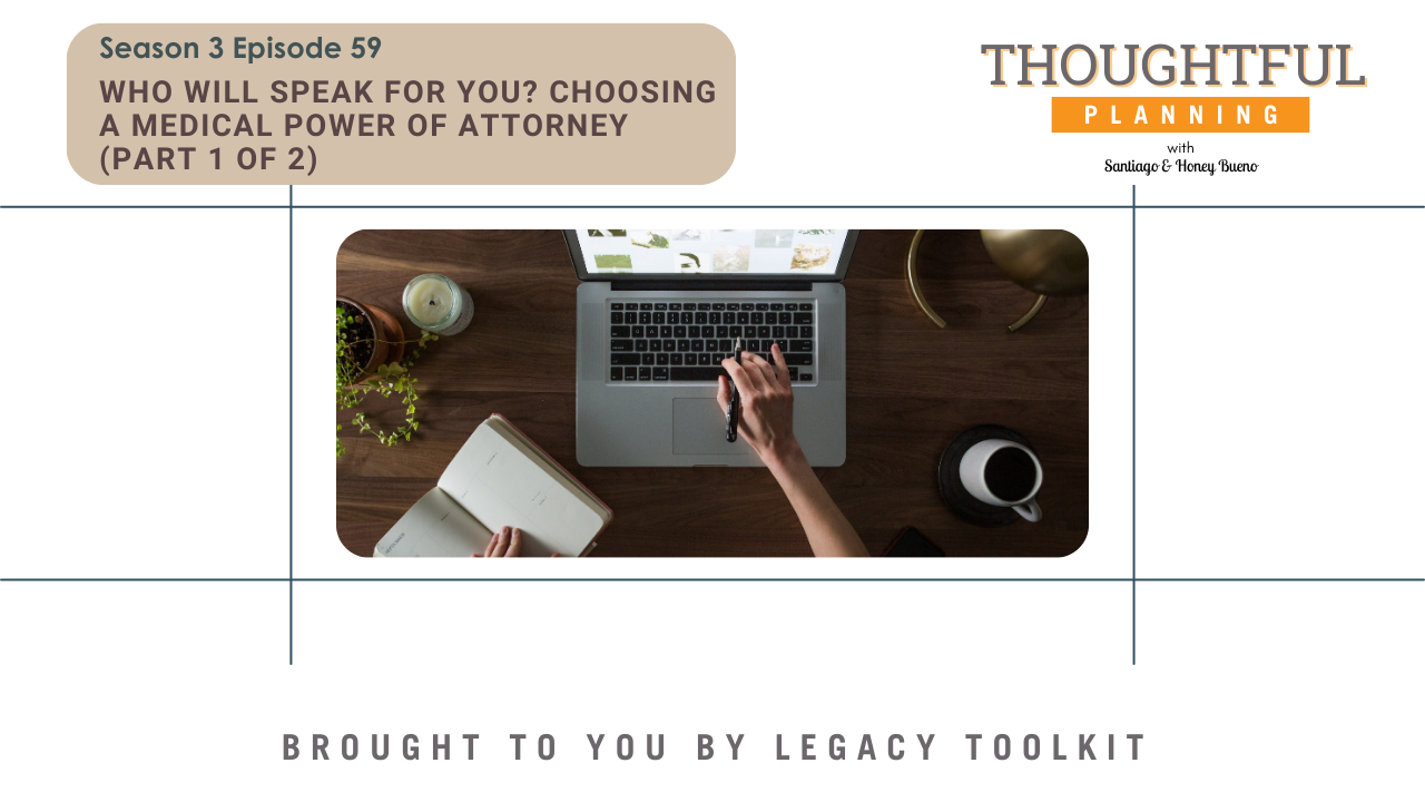 Podcast episode graphic for “Who Will Speak for You? Choosing a Medical Power of Attorney (Part 1 of 2)” from the Thoughtful Planning series, featuring a top-down view of a person writing in a journal next to a laptop and coffee mug. Brought to you by Legacy Toolkit.