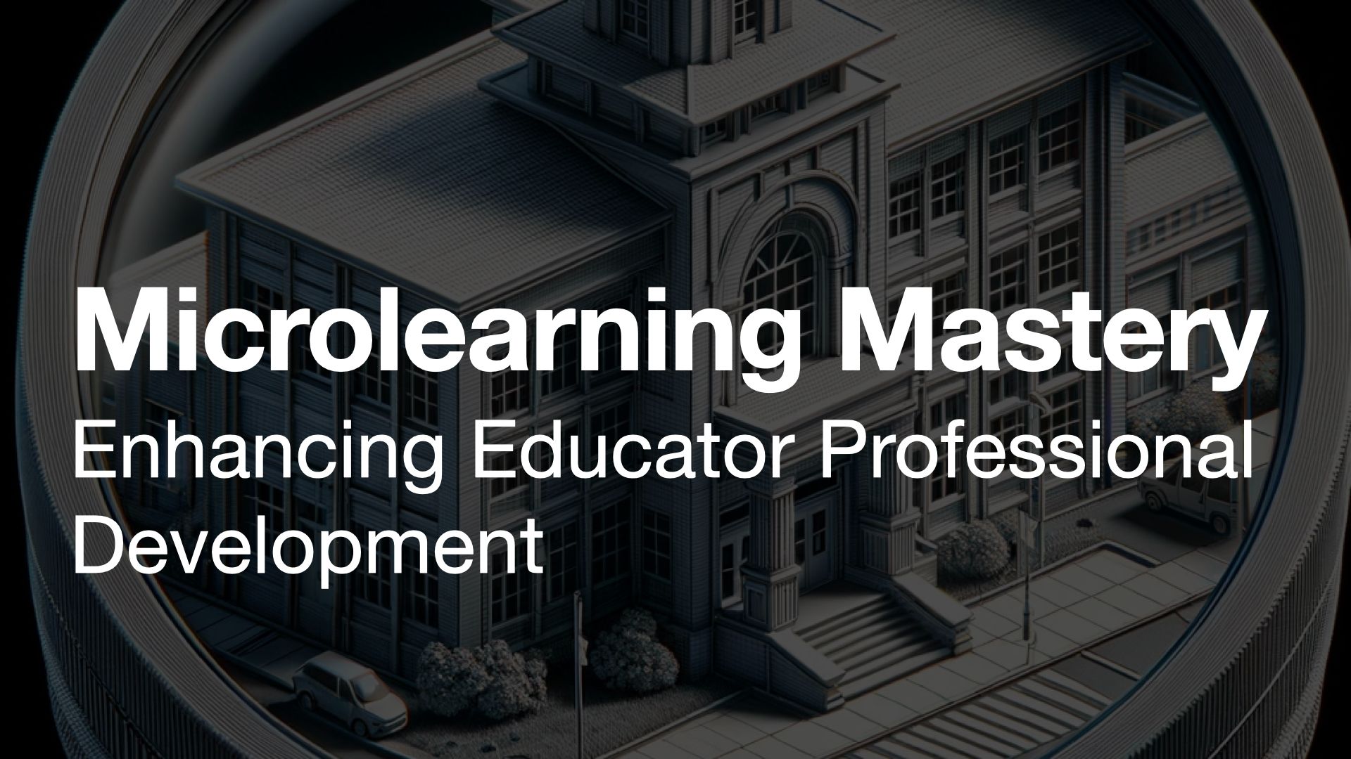 The image depicts a 3D illustration of a school building viewed under a microscope, showing extreme close-up details of the school's structure with magnified textures of walls, windows, and roof, creating a surreal and scientific visual effect.