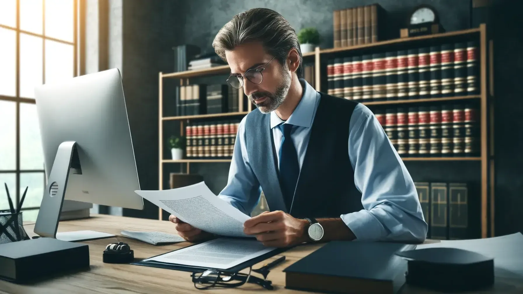 Man reading a paper at a computer, representing trademark application review.