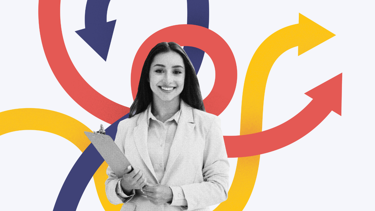 Woman with arrows showing different paths