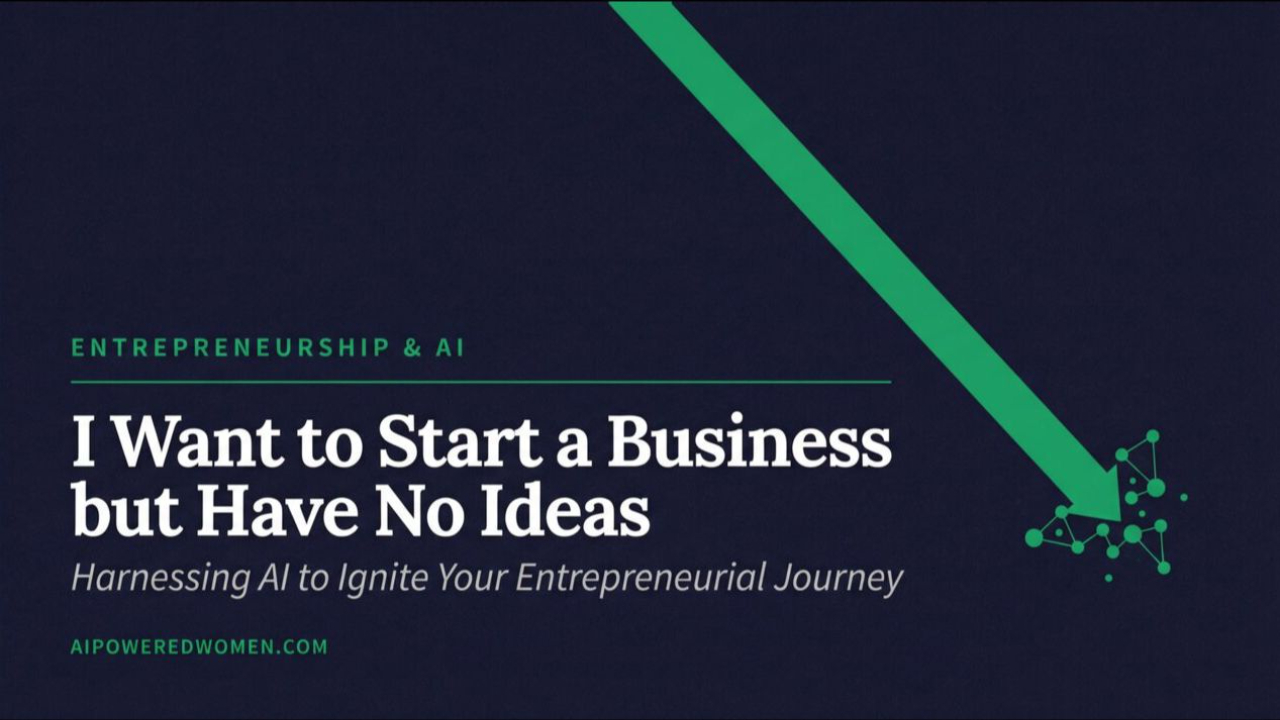 Image of a woman entrepreneur with no business ideas brainstorming ideas with AI surrounded by plants and books, jotting down notes in a journal with colorful sticky notes."