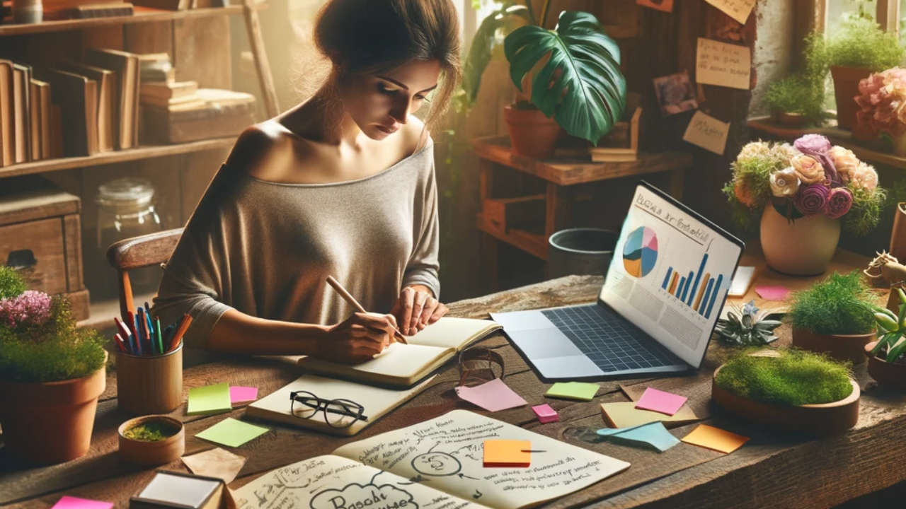 Image of a woman entrepreneur with no business ideas brainstorming ideas with AI surrounded by plants and books, jotting down notes in a journal with colorful sticky notes."