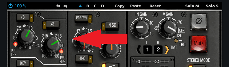 A channel strip audio plug-in including a filter section set for a dialogue recording.