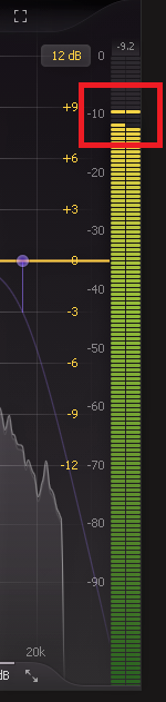 An audio recording meter showing the volume level of a dialogue recording.